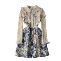 Mixed Fabric long style One-piece Dress see through look Polyester patchwork floral Apricot PC