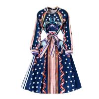 Mixed Fabric Soft & long style One-piece Dress printed patchwork blue PC