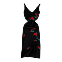 Chiffon Waist-controlled & Slim & long style One-piece Dress & breathable printed floral black PC