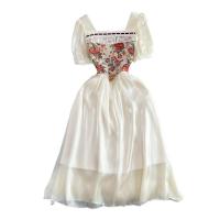 Chiffon Waist-controlled & Slim & long style One-piece Dress double layer & breathable printed floral white PC