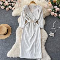 Mixed Fabric Waist-controlled & Slim One-piece Dress slimming & deep V & breathable Solid white PC