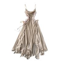 Mixed Fabric One-piece Dress see through look & slimming & backless & breathable Solid khaki PC