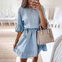 Cotton One-piece Dress slimming patchwork Solid sky blue PC