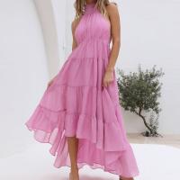 Polyester Layered & High Waist Halter Dress patchwork Solid pink PC