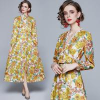 Polyester Slim & long style One-piece Dress deep V printed shivering yellow PC