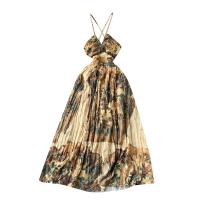 Mixed Fabric Waist-controlled One-piece Dress backless & breathable printed yellow PC