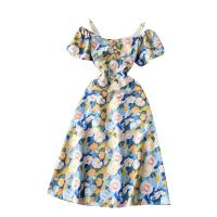 Mixed Fabric Slim & long style One-piece Dress & off shoulder printed floral blue PC