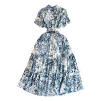 Chiffon Waist-controlled & Soft & long style One-piece Dress & breathable printed shivering blue PC