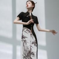 Polyester Waist-controlled & Slim & long style & Sheath Women Cheongsam side slit & breathable printed leaf pattern black PC