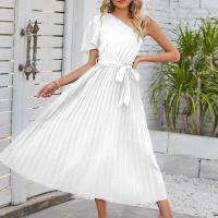 Chiffon shoulder slope & Pleated & High Waist One-piece Dress Solid PC