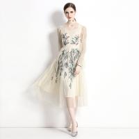 Chiffon long style One-piece Dress see through look & double layer printed leaf pattern Apricot PC