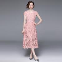 Polyester long style One-piece Dress double layer & hollow embroidered floral pink PC