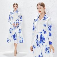 Polyester Waist-controlled & Soft & long style One-piece Dress & two piece & breathable printed floral blue Set