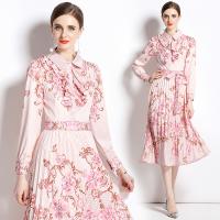 Polyester Waist-controlled & Soft & long style & Pleated One-piece Dress printed Plant pink PC