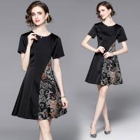 Polyester Waist-controlled & Soft One-piece Dress asymmetric & breathable printed Plant black PC