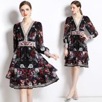 Polyester Waist-controlled & Soft One-piece Dress deep V & breathable printed floral black PC