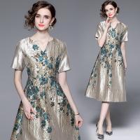 Polyester Waist-controlled & Soft & long style One-piece Dress & breathable printed floral gold PC