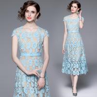 Polyester long style One-piece Dress see through look & double layer & hollow embroider floral blue PC