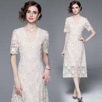 Polyester long style One-piece Dress see through look & double layer & hollow embroider floral white PC