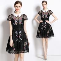 Polyester One-piece Dress see through look & double layer & hollow printed floral black PC