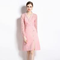 Polyester front slit One-piece Dress see through look & slimming & deep V crochet Solid pink PC