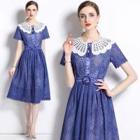 Polyester Slim One-piece Dress see through look & double layer & hollow patchwork Solid blue PC
