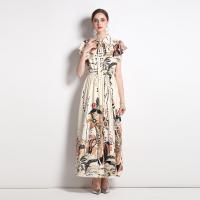 Polyester Waist-controlled & Slim & long style One-piece Dress & loose printed Plant Apricot PC