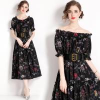 Polyester Waist-controlled & Slim & long style One-piece Dress & off shoulder printed shivering black PC
