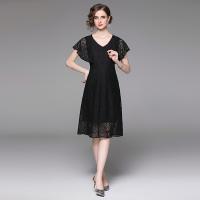 Polyester Waist-controlled One-piece Dress see through look & double layer & hollow printed Solid black PC