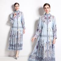 Polyester Slim & long style One-piece Dress & loose & breathable printed Solid blue PC