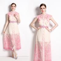 Polyester Slim & long style One-piece Dress & loose & breathable printed floral pink PC