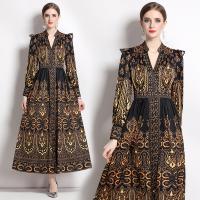 Polyester Soft & Slim & long style & High Waist One-piece Dress & breathable printed Solid gold PC