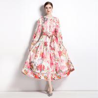 Polyester Waist-controlled & long style & High Waist One-piece Dress & breathable printed floral pink PC