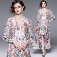 Chiffon Waist-controlled & front slit One-piece Dress deep V & breathable printed floral pink PC
