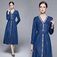 Cotton Waist-controlled & Soft & Slim & long style One-piece Dress printed Solid blue PC