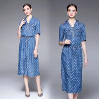 Denim Waist-controlled & Soft & Slim One-piece Dress deep V printed Solid blue PC