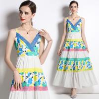 Chiffon Waist-controlled & Soft & long style One-piece Dress deep V printed floral white PC