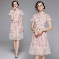 Gauze Waist-controlled One-piece Dress see through look & double layer & breathable embroider shivering pink PC