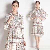 Polyester Waist-controlled & long style One-piece Dress & breathable printed white PC