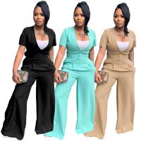 Polyester Yarns Wide Leg Trousers & Slim Women Sexy Jumpsuit deep V & breathable stretchable Solid Set