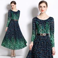 Lace Waist-controlled & Soft One-piece Dress large hem design & slimming printed leaf pattern green PC
