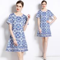 Gauze Waist-controlled & Soft One-piece Dress large hem design & slimming printed floral blue PC