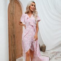 Polyester Waist-controlled & Slim One-piece Dress irregular & breathable printed shivering pink PC