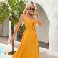 Polyester Waist-controlled & Slim One-piece Dress deep V & hollow Solid yellow PC