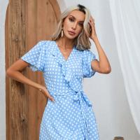 Polyester Waist-controlled One-piece Dress & irregular & breathable printed dot blue PC