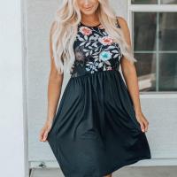 Polyester One-piece Dress & loose printed floral black PC