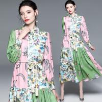 Gauze Waist-controlled & Slim & long style One-piece Dress & breathable printed Plant green PC