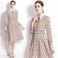 Polyester Waist-controlled & Soft & Slim One-piece Dress & breathable printed geometric Apricot PC