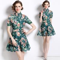 Gauze lace & Soft One-piece Dress & breathable printed shivering green PC