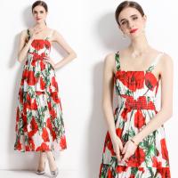 Gauze long style One-piece Dress backless & loose & breathable printed floral red PC